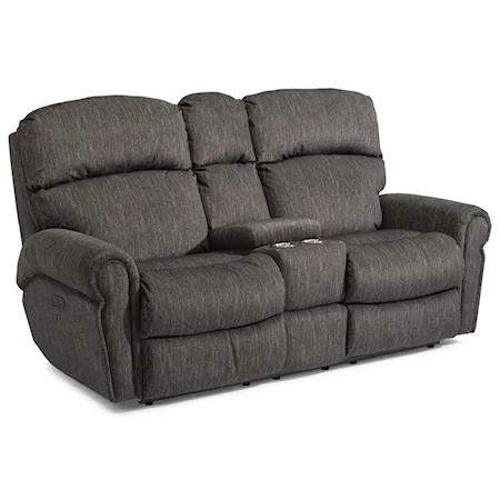 Casual Power Reclining Love Seat with Power Headrests, Storage Console and Cup Holders